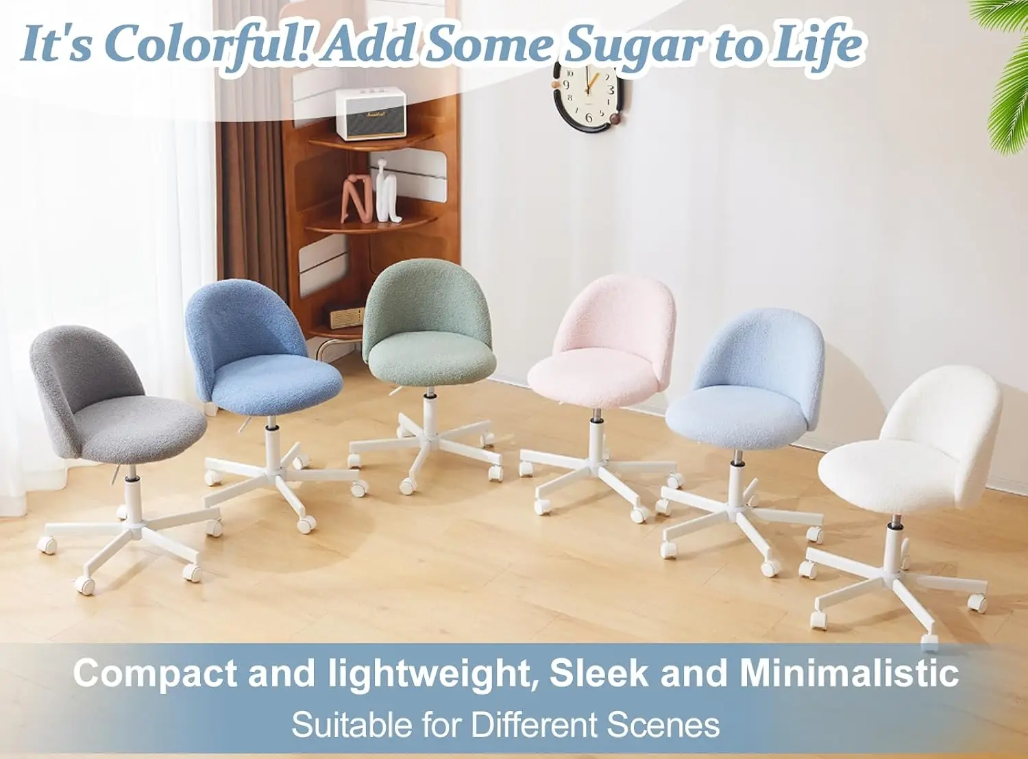 Modern Vanity Chair with Back, Teddy Fleece Swivel Desk Chair for Girls, Adjustable Small Office Chair with Silent Wheels & Lumb