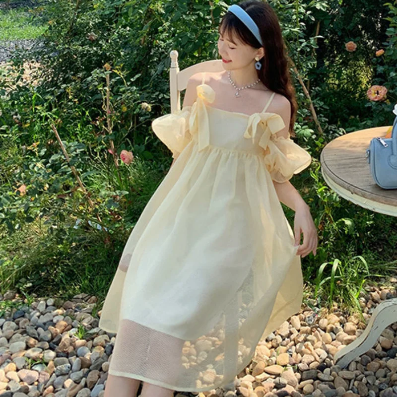 Dress for Women Slash Neck Bow Design Sweet Girlish Fashion Summer Solid Casual Korean Style Daily Hot Sale Vestido Feminino Ins