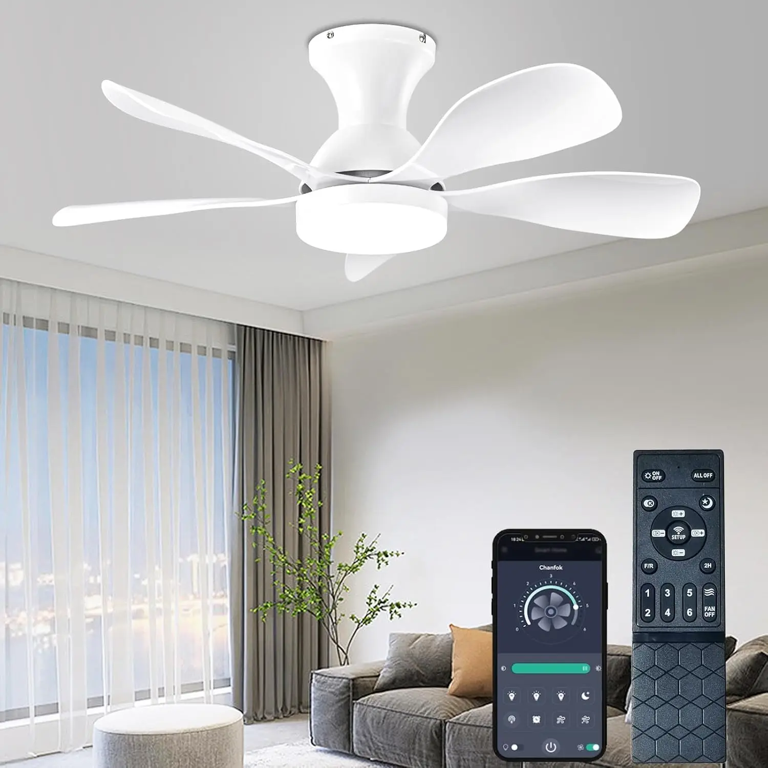 33In Low Profile Ceiling Fans With Lights And Remote/App Control, White Modern Flush Mount Ceiling Fan With 5 Reversible Blades