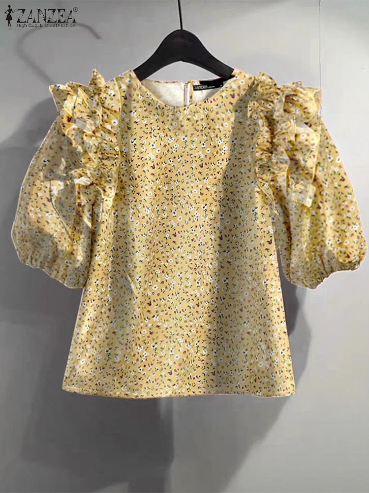 ZANZEA 2025 Bohemian Blouse Women Vintage Floral Printed Tunic Tops Summer Short Sleeve Ruffled Shirts Casual Loose Lady Blusas