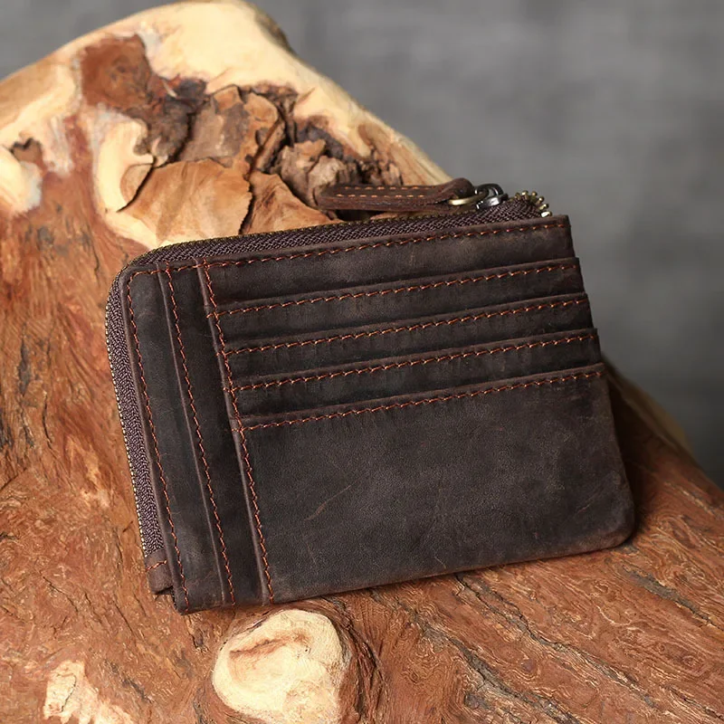 Handmade Vintage Crazy Horse Leather Mens Designer Wallet Slim Zipper Coin Bag ID VIP Credit Card Holder Small Simple Pouches