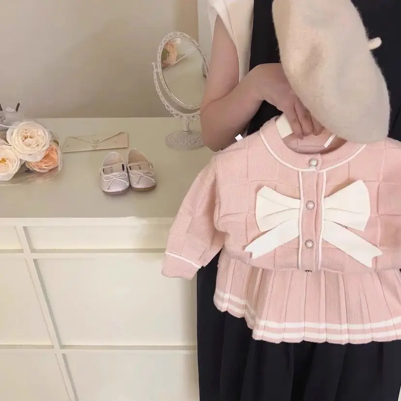 

​Spring Autumn Children Toddle Baby Sweet Baby Girls 2PC Clothes Sets Pink Bow Knit Top + Pleated Skirt Suit Kids Sportwear