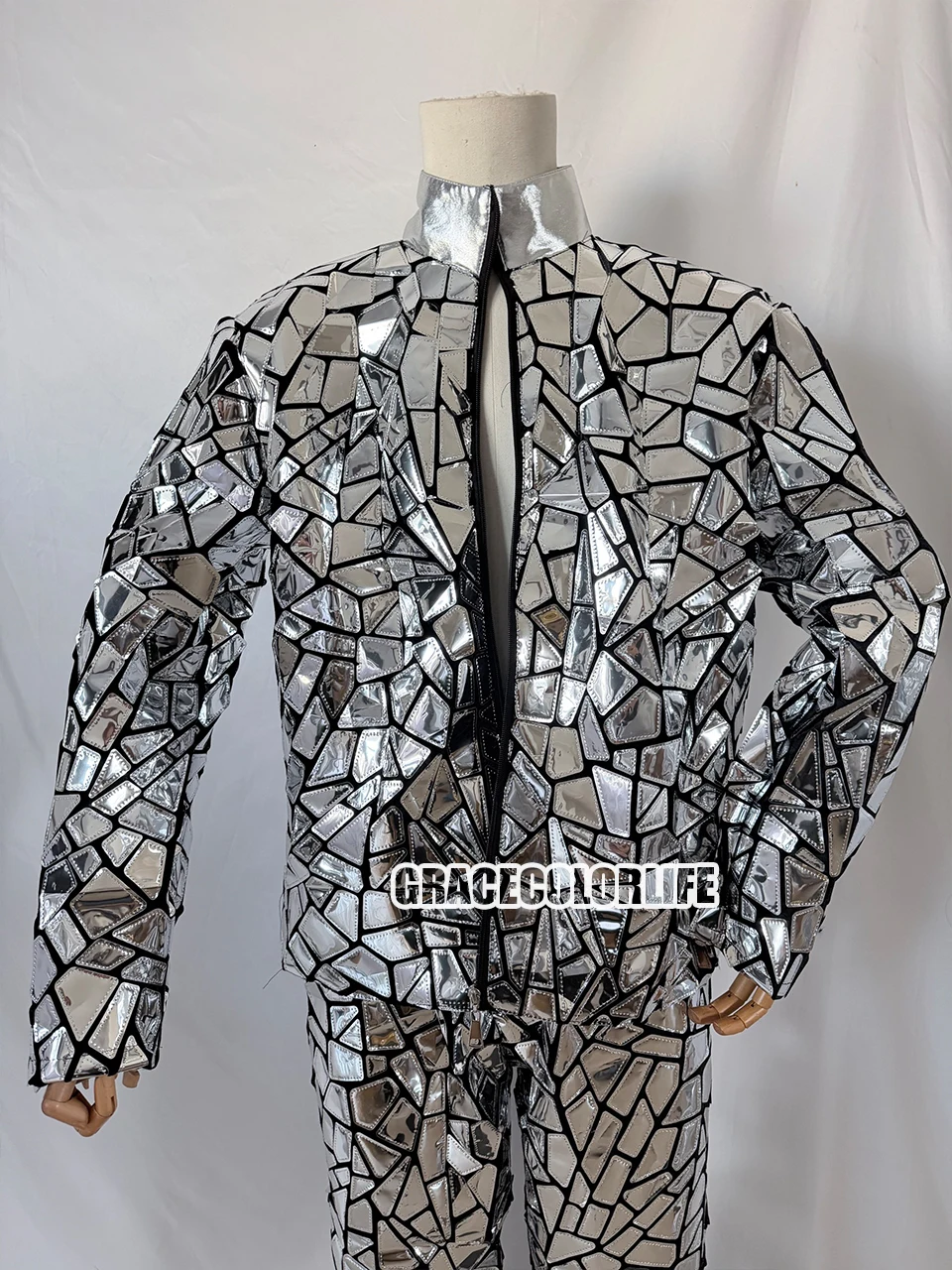 Silver Mirror-Finish Men's Masquerade Costume Reflective Dance Crew Outfit Bar Stage Performance Wear Holiday Party Attire