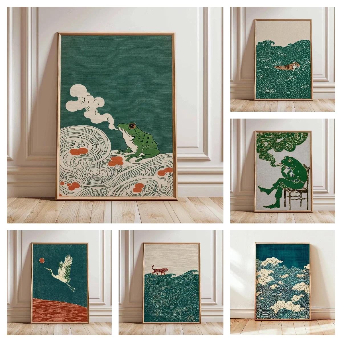 Japanese Retro Minimalist Zen Smoking Frog Diamond Wall Art - Frameless Abstract Animals Diamond Prints for Living Room Decort
