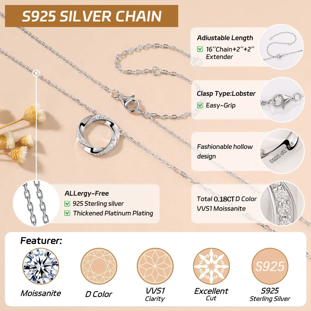 Pretty Beauty Moissanite Mobius strip Circle Pendant Necklace for Women S925 Silver Gold Plated Dainty Hypoallergenic Jewelry