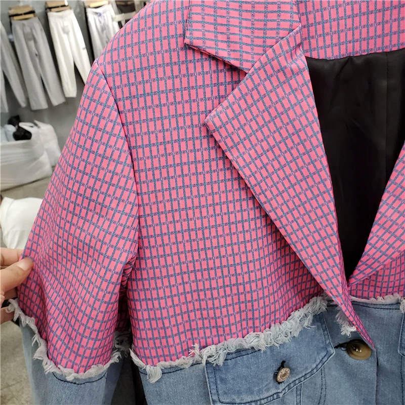 Fashion Pink Blue Plaid Splicing Pocket Denim Blazer Women Mid Long Suit Collar Outewear Female Loose Casual Jeans Suit Jacket