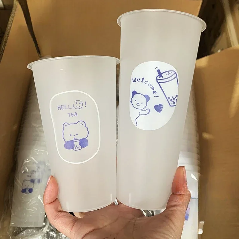 500pcs Disposable Milk Tea Cup Plastic Frosted Injection Molded Beverage Cups 500ml Commercial Fruit Tea Pack Cups with Lid