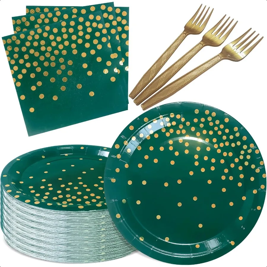 Platos y servilletas de papel verde, alicates de fiesta para 35 invitados, platos y servilletas de fiesta de 7 pulgadas, color verde oscuro y dorado, para graduados de boda