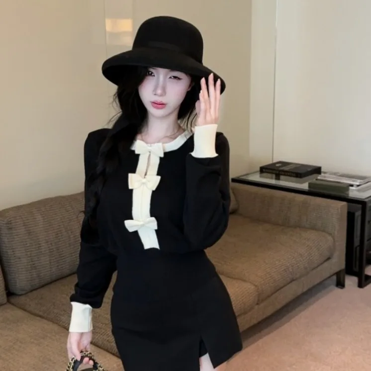 

Chic Knitted Top with Waist-Cinching Bow Hem Small Fraance Sle Autumn Winter New Women's Faion Trend