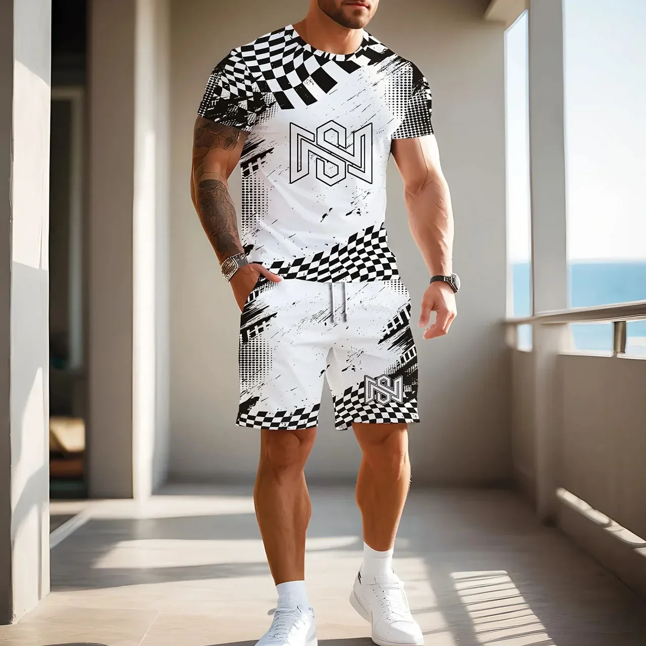 

Большой размер, быстросохнущий дышащий пляжный комплект для отдыха, мужская уличная мода для отдыха, короткая футболка для медленного бега, шорты, комплект из 2 предметов