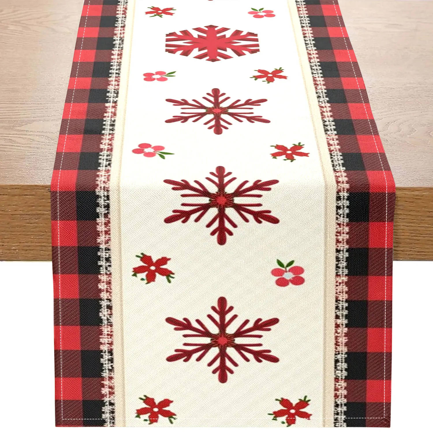 

1 Piece of Christmas-Themed Table Runner, Featuring Red Snowflakes, Small Flowers, and Red and Black Checkered Design, Suitable for Christmas Parties, Holiday Home Decorations, and Other Occasions