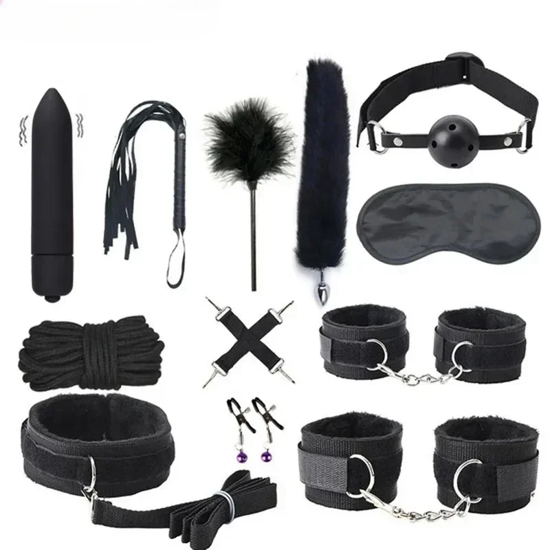 Kits BDSM de couro sexy para casais, conjunto de escravidão sexual, algemas, jogos sexuais, chicote, mordaça, mamilos, acessórios exóticos