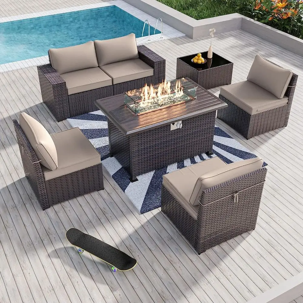 

7-Piece Outdoor Patio Furniture Set with 43 55000 BTU Gas Propane Fire Pit Table, Wicker Rattan Sectional Sofa Patio Conversatio
