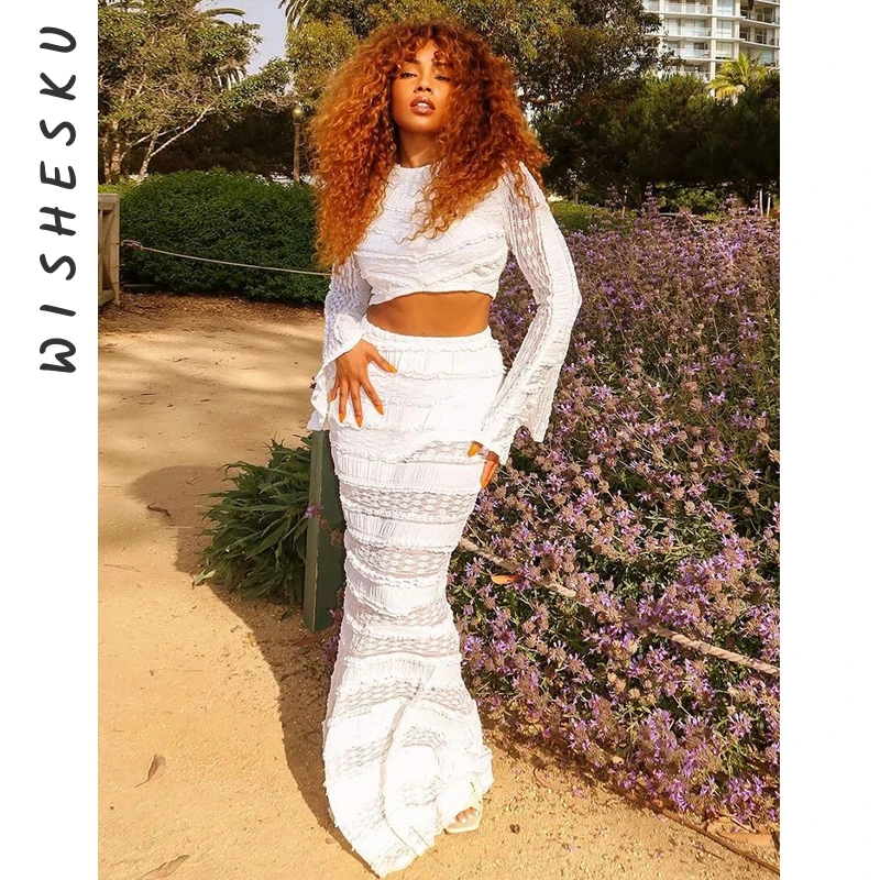 

Two Piece Set Women Embroidery Knitted Skirt Outfits Sexy Long Sleeve Crop Top+High Waist Slim Fit Maxi Skirt 2024 Spring Fall