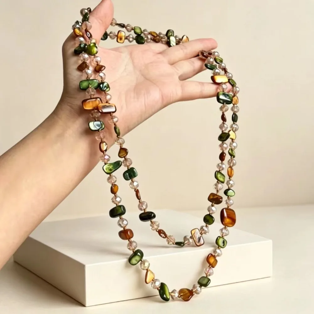 Vintage Fall Irregular Tiger Eye Stone Long Necklace Clear Crystal Hand Knotted Wrap Sweater Chain Women Boho Layer Jewelry