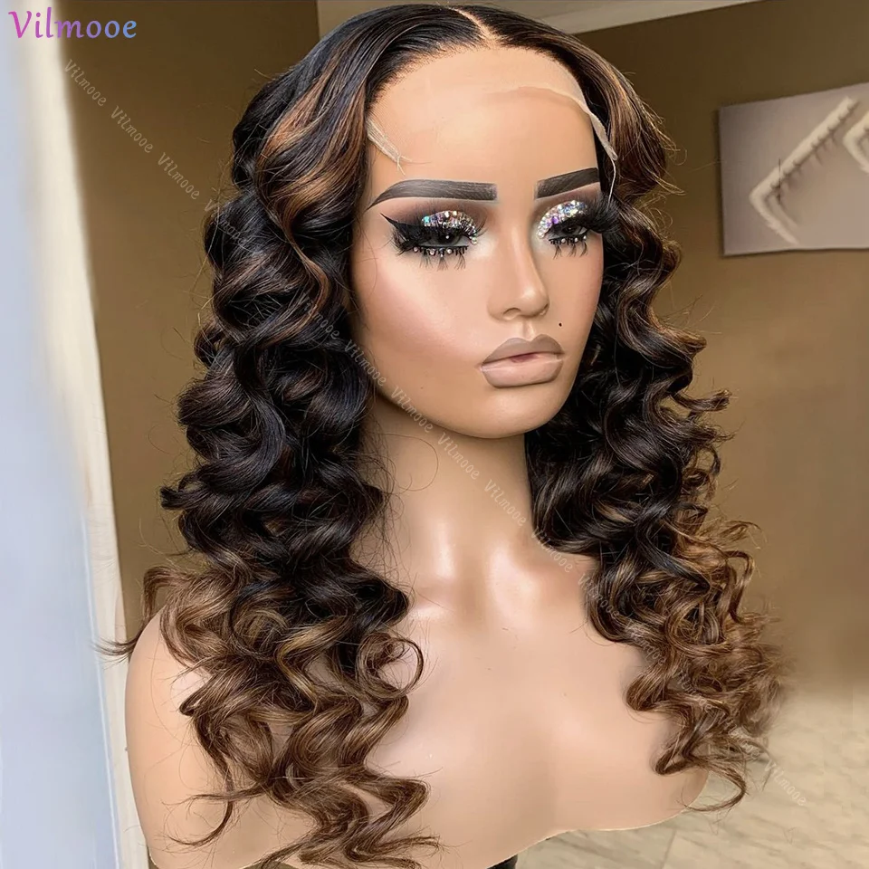 Highlight Ombre Brown Loose Deep Wave Lace Front Wig Pre-Plucked 5x5 Silk Base Closure Wigs Highlights Human Hair Wigs For Women