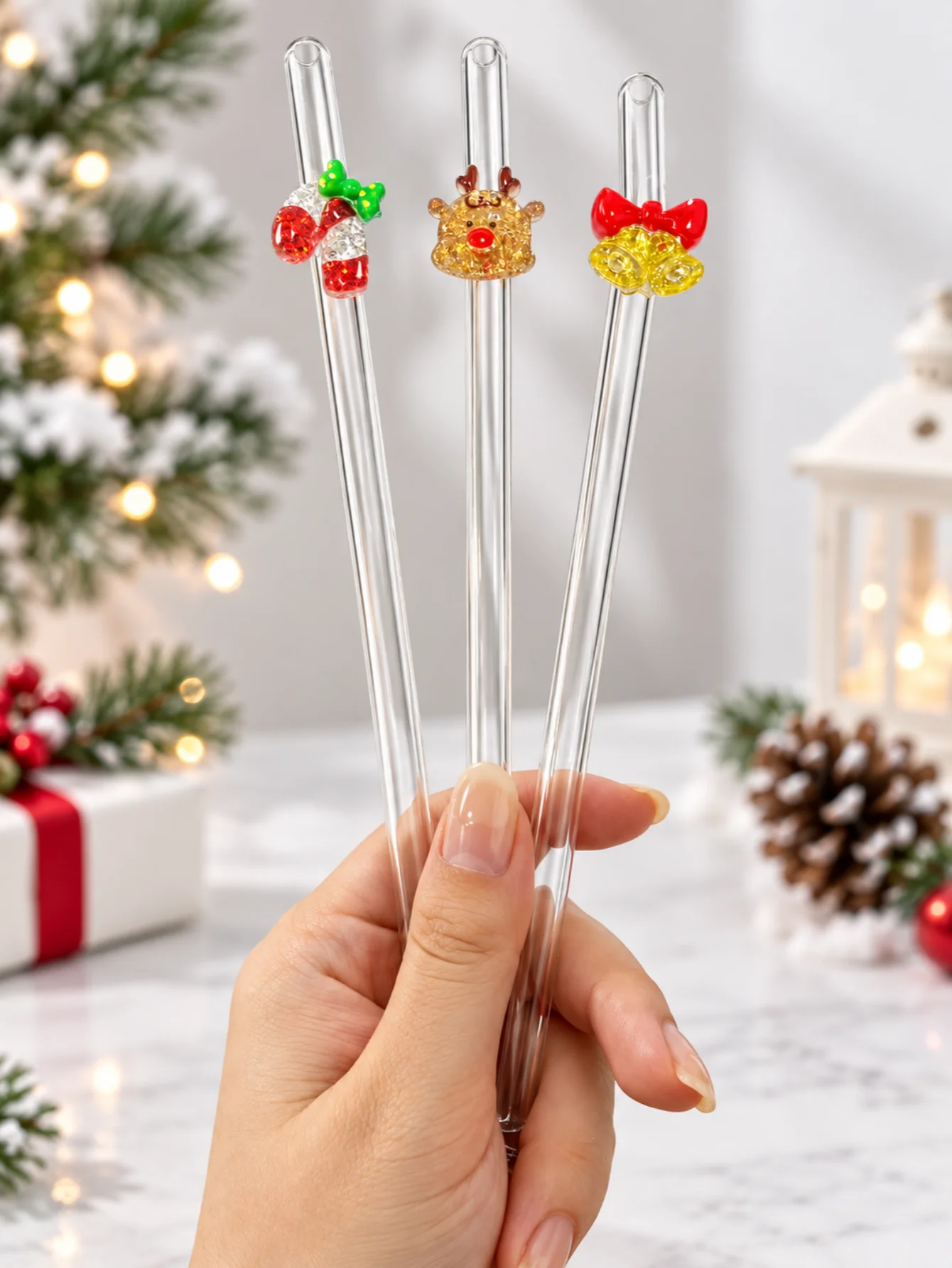3PCS Christmas Reindeer Bell Candy Cane Glass Straws Bend Reusable Clear Drinking Straws Coffee Juice Party Gift Xmas
