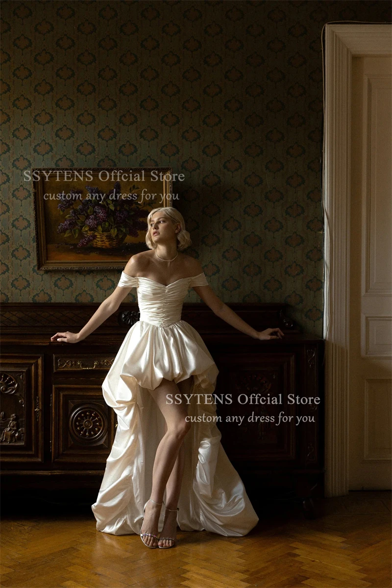 SSYTENS High/Low Satin Wedding Dresses Simple Off the Shoulder Sleeveless Beach Strapless Bridal Gown Sexy Backless Customized
