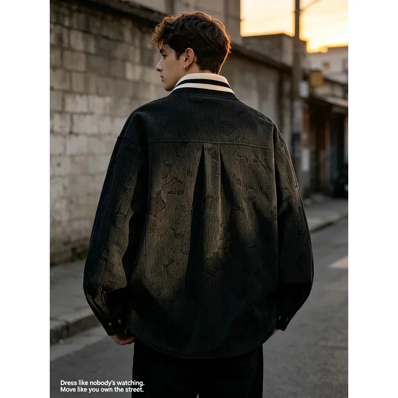 Men's Vintage Jacquard Varsity Jacket, Y2K Letter Graphic Baseball Coat, Casual Streetwear Rib Collar Long Sleeve Outerwear