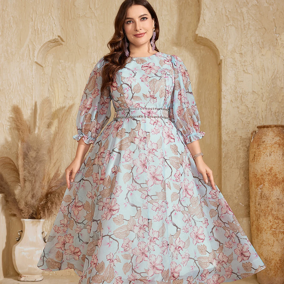 UNITHORSE – robe élégante en mousseline de soie, col rond, manches lanternes, imprimé Floral, avec perles à la taille, cravate, longueur au sol