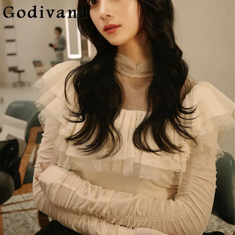 

Japanese Style Fashion Sweet Polka Dot Ruffle Edge Long-sleeved Tops Women's Slim Elegant Thin Top Spring Summer Ladies Pullover