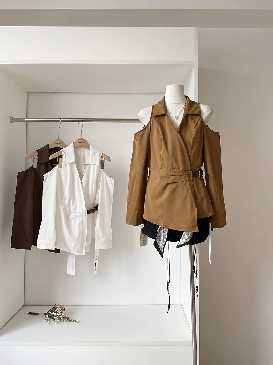 

Fashionable Sexy Shoulder Bared Slim Fit Pure Color Shirt Versatile Elegant Women's Top French Style Polyester Fiber Long Sleeve