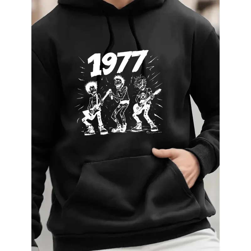 سترة رجالية بغطاء للرأس باللون الأبيض 1977 بطباعة كرتونية عالية الجودة من القطن ملابس غير رسمية للارتداء اليومي ومعجب الموسيقى