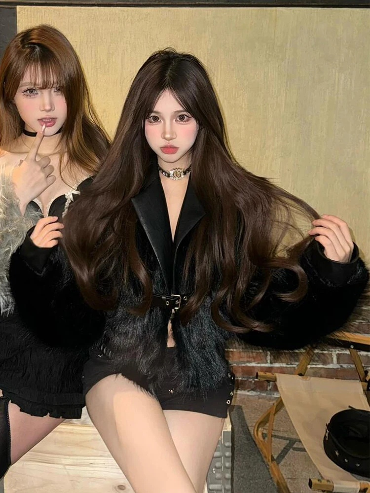 

2025 New Sle Slim Fit Fur Coat Women ort Splicing Thiened Plu Winter Outerwear Korean Version Long Sve Coat