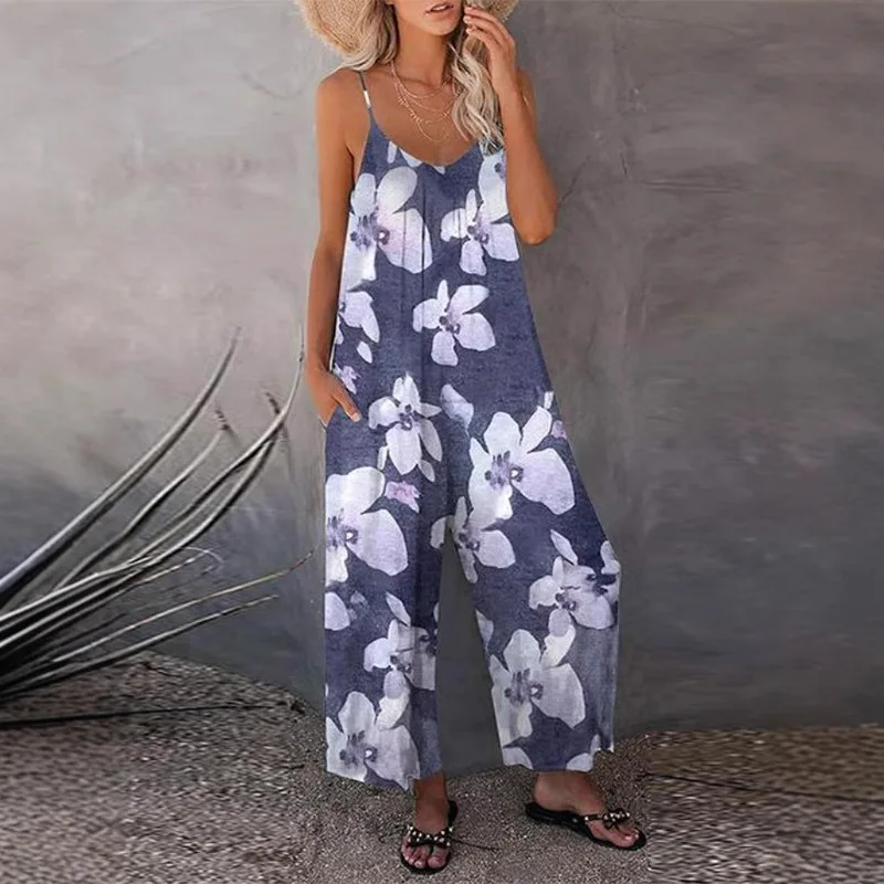 Pantaloni da donna estivi nuovi stampati casual senza maniche larghi a gamba larga a vita alta