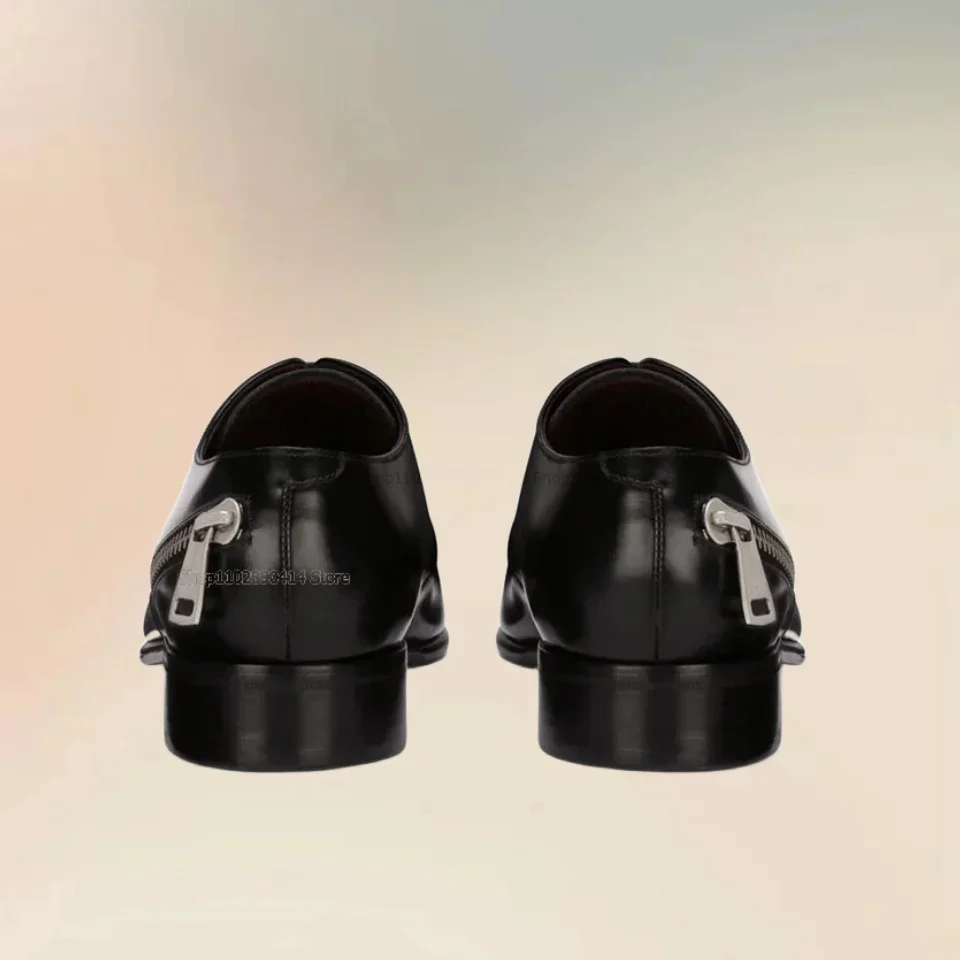 Mocasín negro con purpurina, zapatos de punta estrecha para hombre, decoración con cremallera a la moda, zapatos con cordones para hombre, zapatos Oxford informales de lujo novedosos para hombre