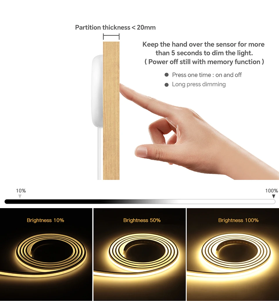 Selbstklebende COB-LED-Unterschranklampe, Küchenleuchte, Touch-dimmbar, Silikagel, Neonlichter, Klebeband, 2 m, 3 m, 5 m, 10 m, Dekorbeleuchtung – Detail 4