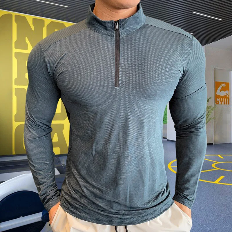 Mens Fitness Trainer Training Tshirts Tops Gym Workout Compression Sweatshirt for Running Football Jersey High Collar Sportswear