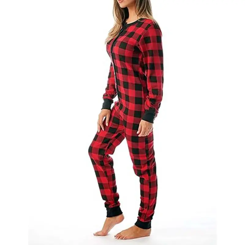 

Combhasaki женские рождественские комбинезоны для сна пижамы с длинными рукавами и пуговицами с круглым вырезом в клетку Henley термокомбинезоны домашняя одежда комбинезоны
