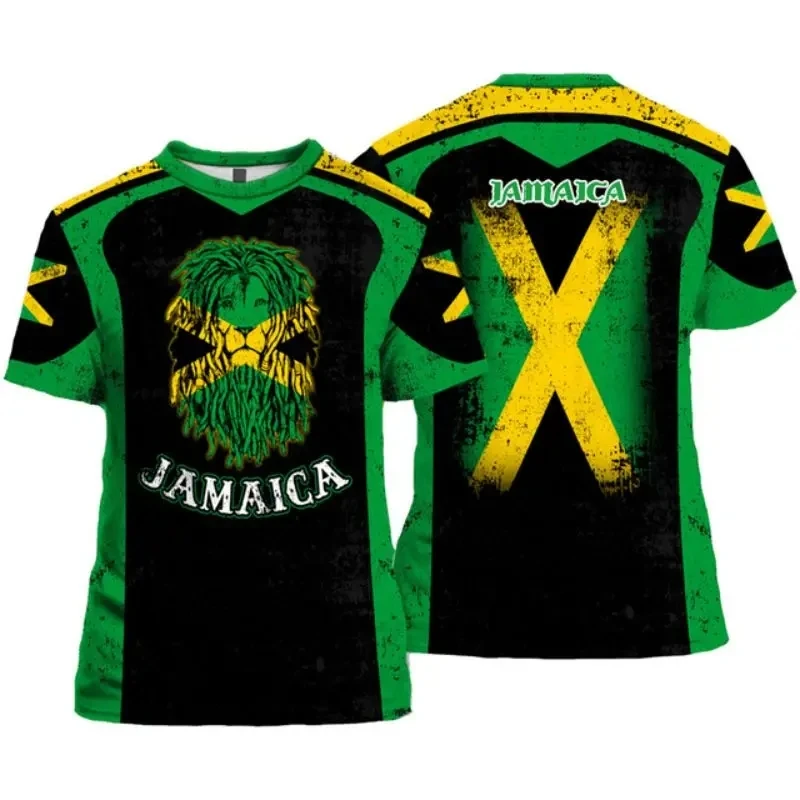 Jamaica Flag Lion Badge 3D Printed Sports T-shirt For Men Summer Men\'s T-shirt Personality Street Oversized Loose Short Sleeves