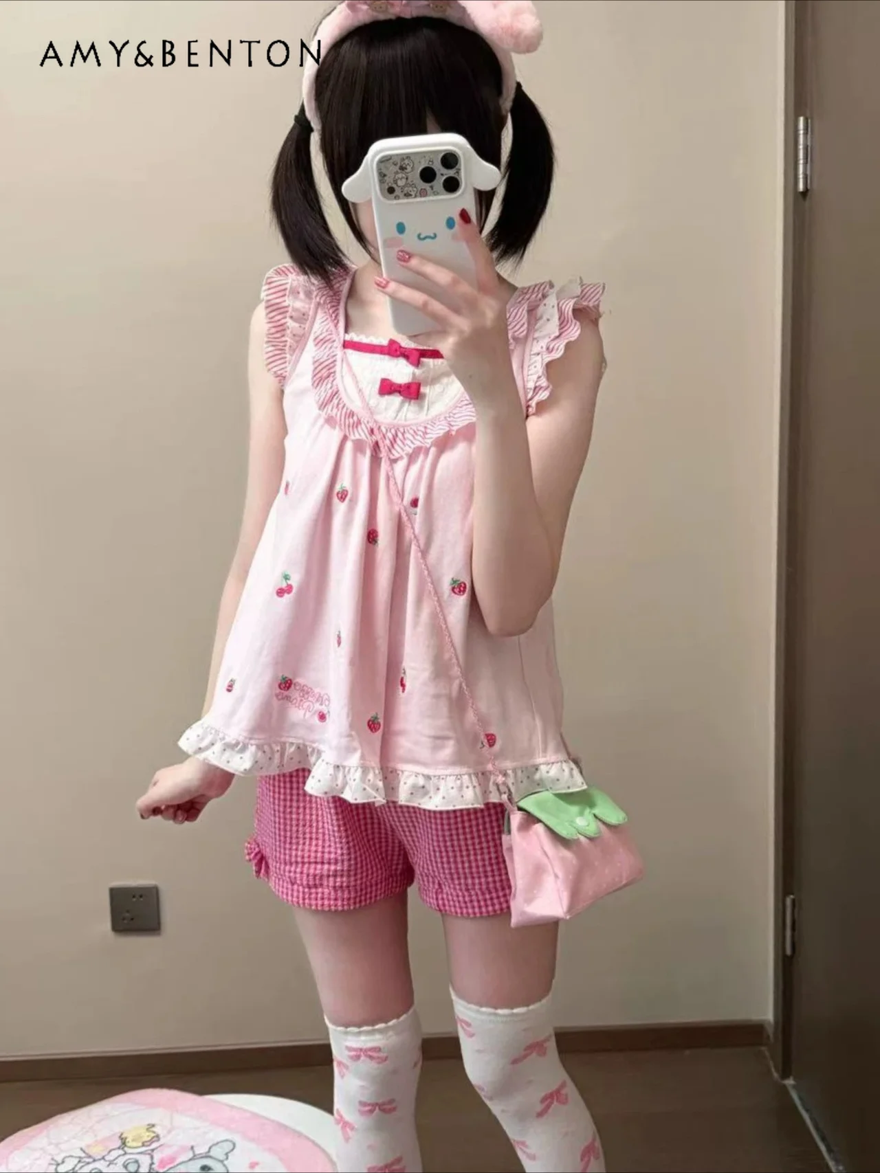 

Summer Strawberry Printed Suspender Outfits Cute Flying Sleeve Doll Collar Polka Dot Printed Vest Shorts Casual Kawaii Pink Sets