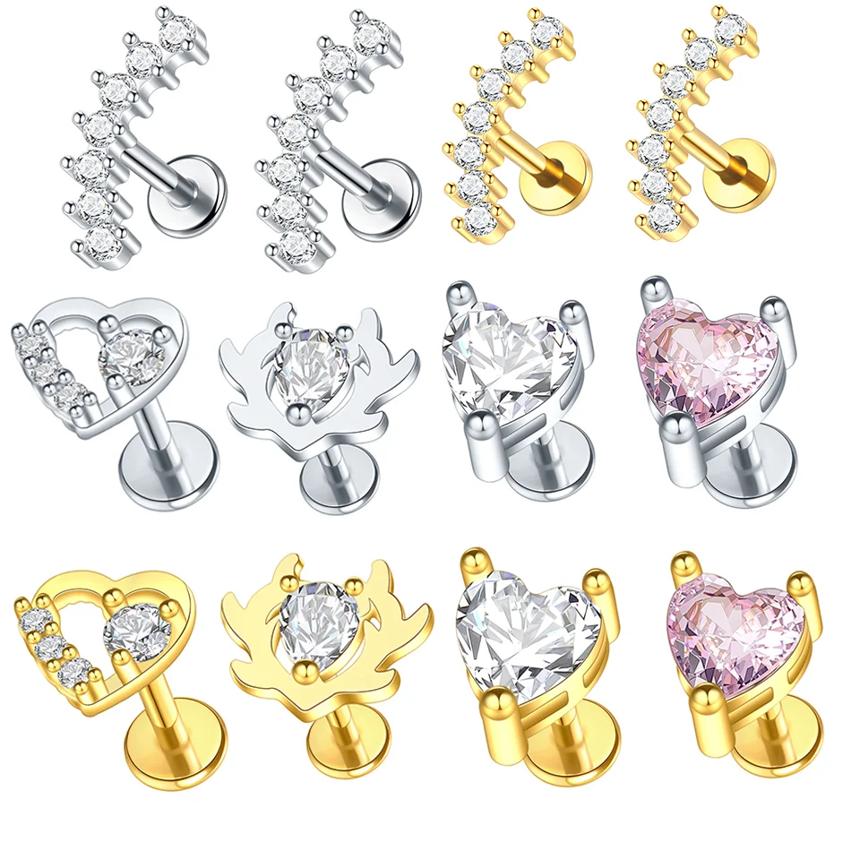 1pc Heart Zircon Labret Stud Earring Flatback 16G CZ Cluster Cartilage Tragus Helix Ear Piercing Body Jewelry