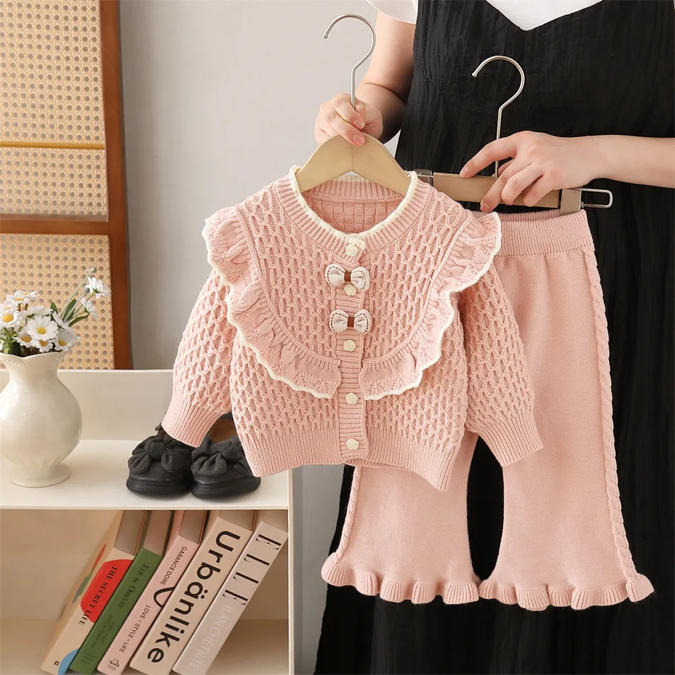 Bow Decor Baby Girl Knitted Outfit Set, Ruffled Cardigan with Flared Pants, 2026 Autumn Winter Kids Sweet Fashion 2- Piece Set