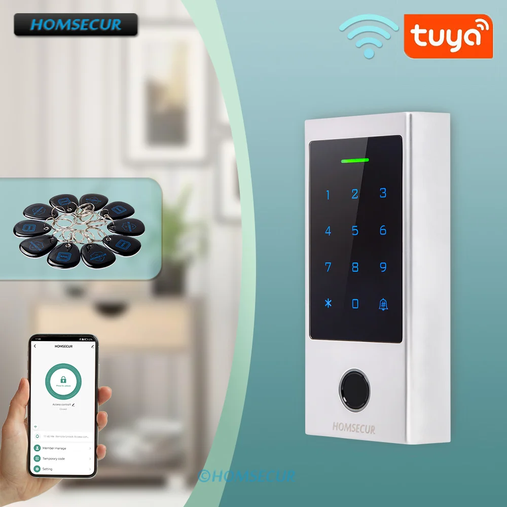 

WiFi Tuya Smart APP Waterproof Fingerprint Password Door Access Controller+10Pcs 125KHz RFID Keyfobs for Home/Office Security