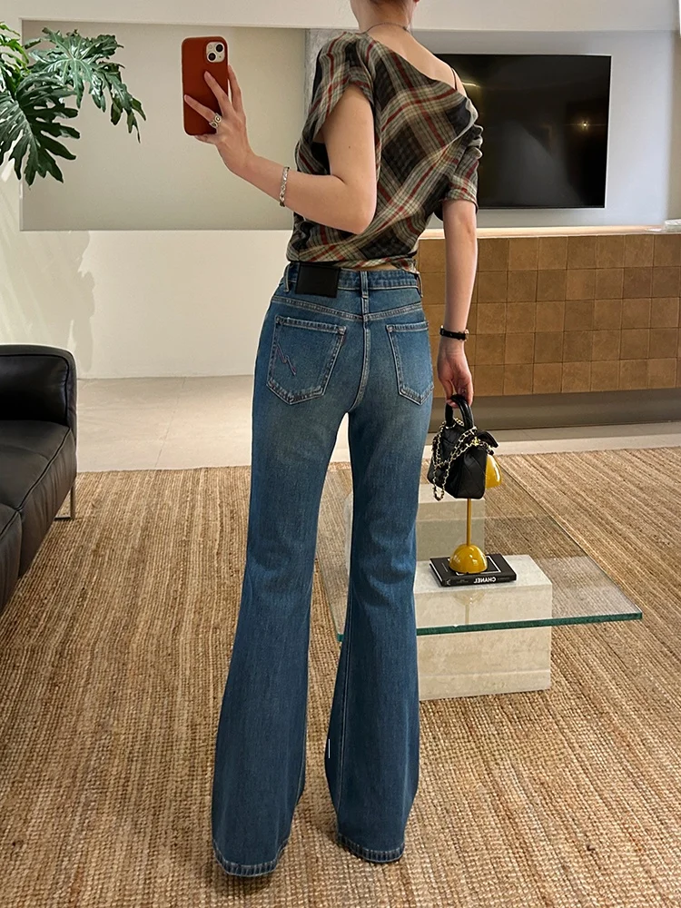 

High Waist Bell Bottom Jeans Women's Spring 2026 Blue Washed Stretchy Slimming Floor Length Pants Cotton Elastic Denim