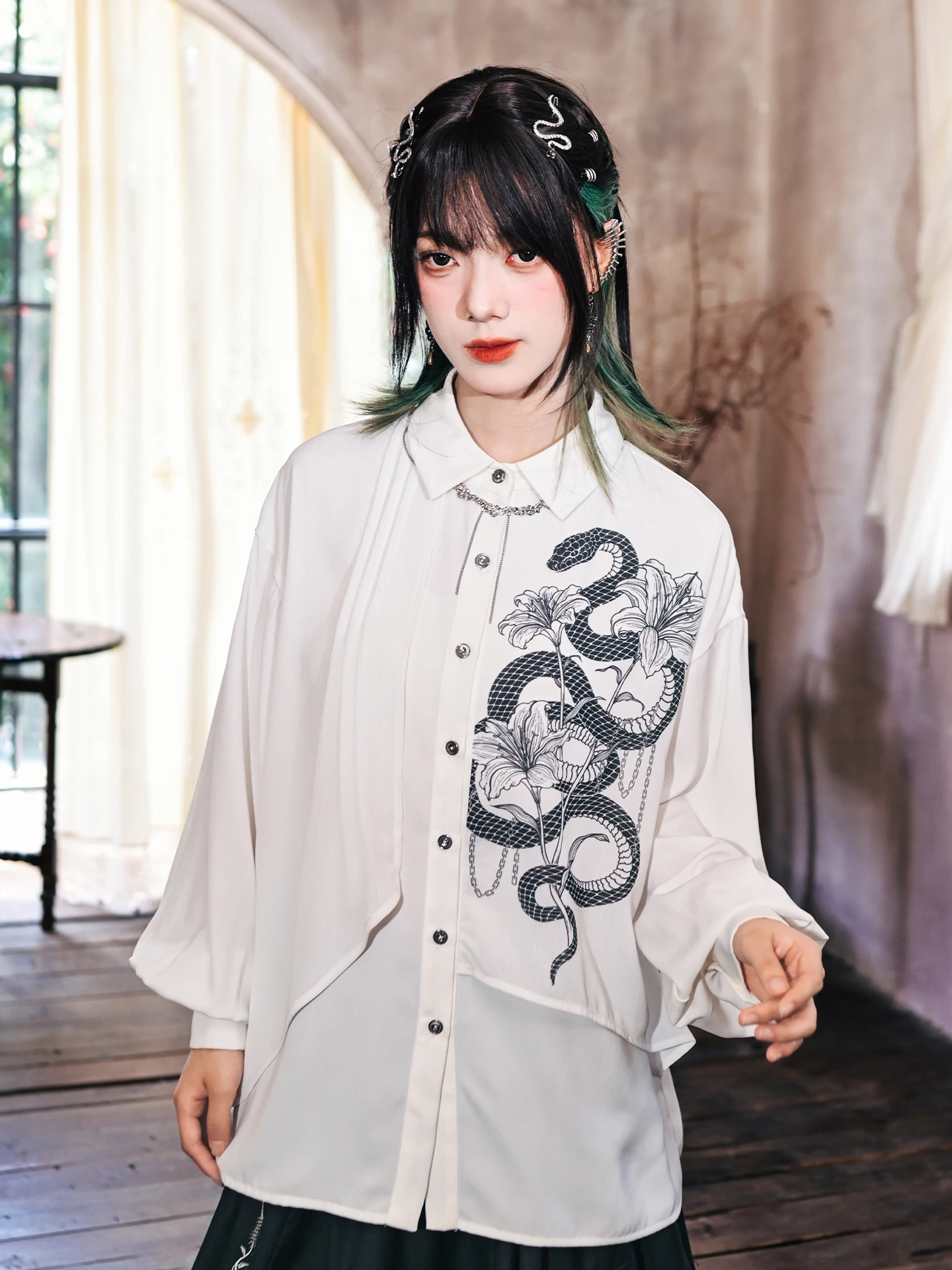 K chinois Sle Double couche imprimé irt Design lanterne Sve Patchwork flocon de neige haut femmes coupe ample longue Sve Blouse