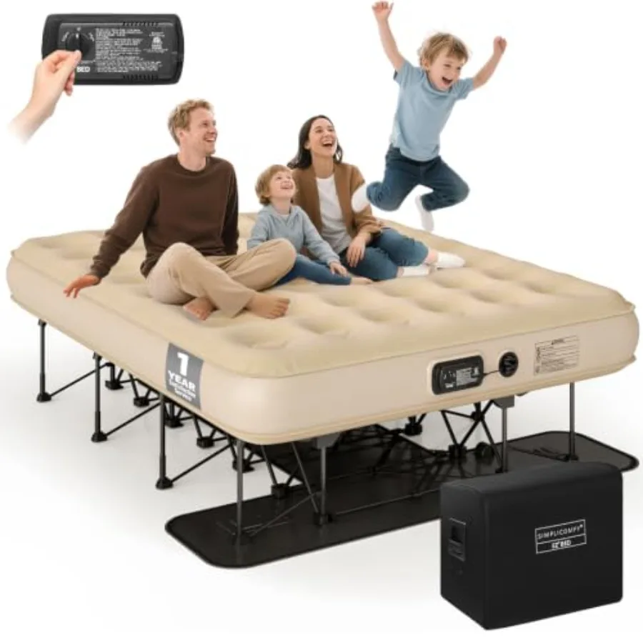 EZ Bed self-inflating air mattress with built-in frame, pump and wheeled case for camping, PVC material, gray color, quick infl