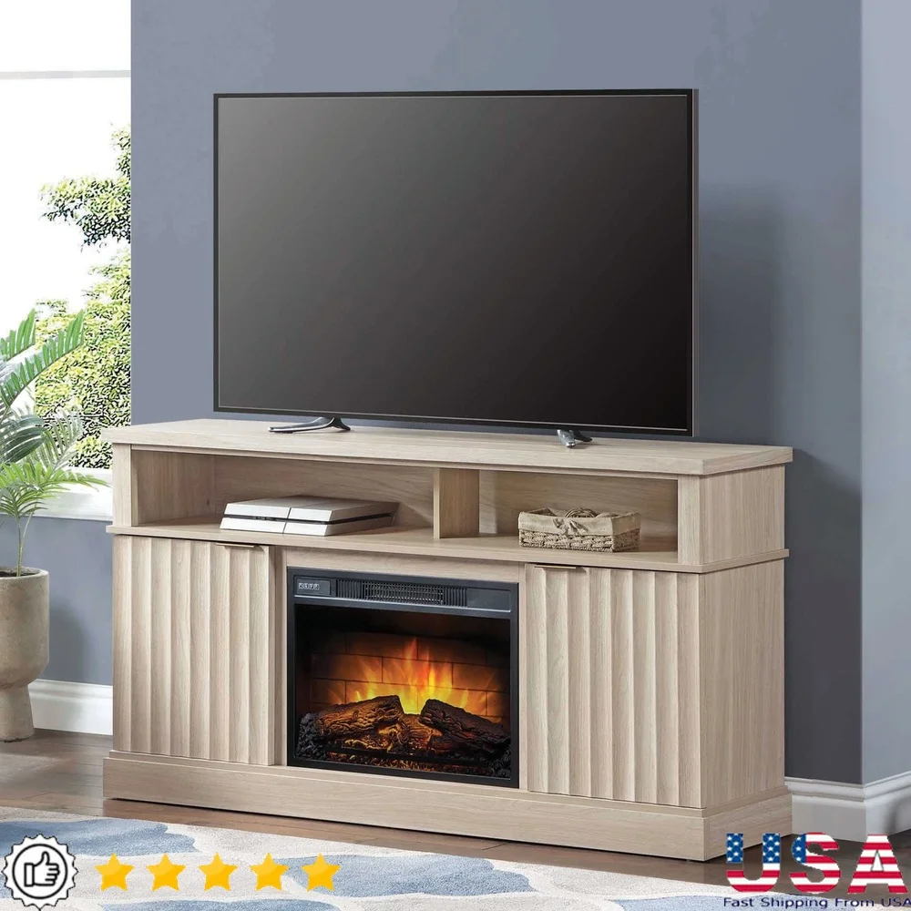

Mid-Century Fluted Media Fireplace Console TVs up to 70 inches with QuantumFlame Technology Adjustable Shelves Remote Control