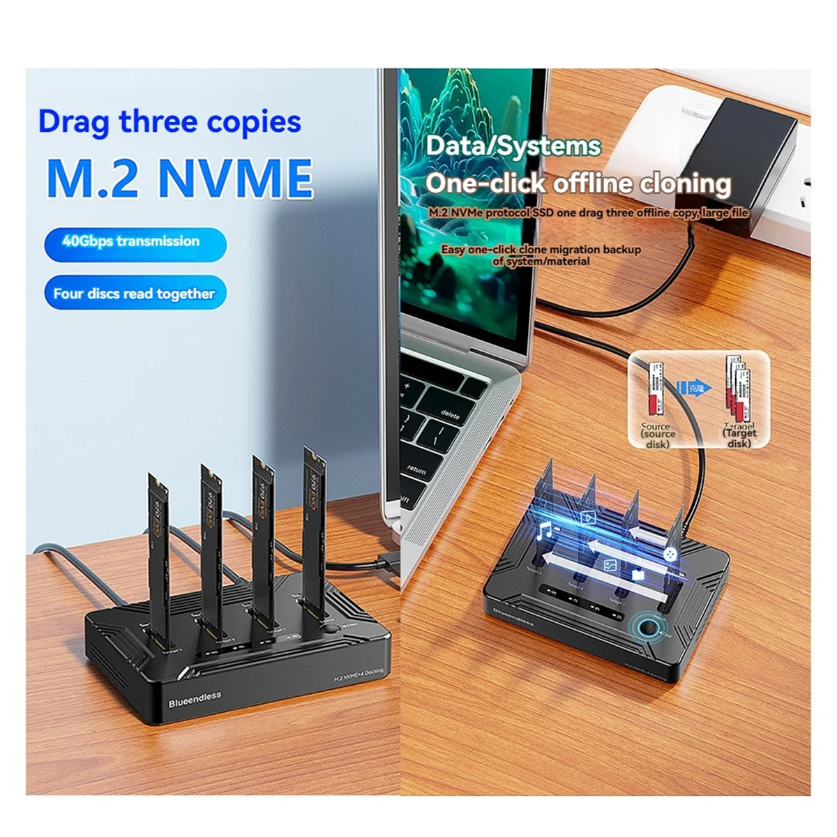 НОВАЯ док-станция Blueendless с 4 отсеками M.2 NVME SSD, внешний жесткий корпус 40 Гбит/с с функцией клонирования для ноутбука, вилка стандарта США