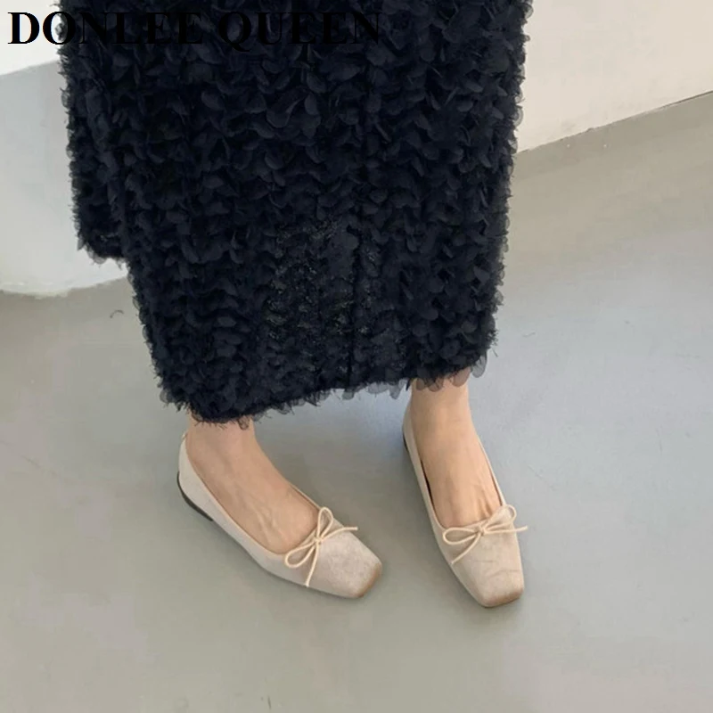 2024 New Autumn Fashion Flat Ballet Shoes Female Bow Knot Shallow Ballet Square Toe Female Ballerina Soft Moccasin Zapatos Mujer