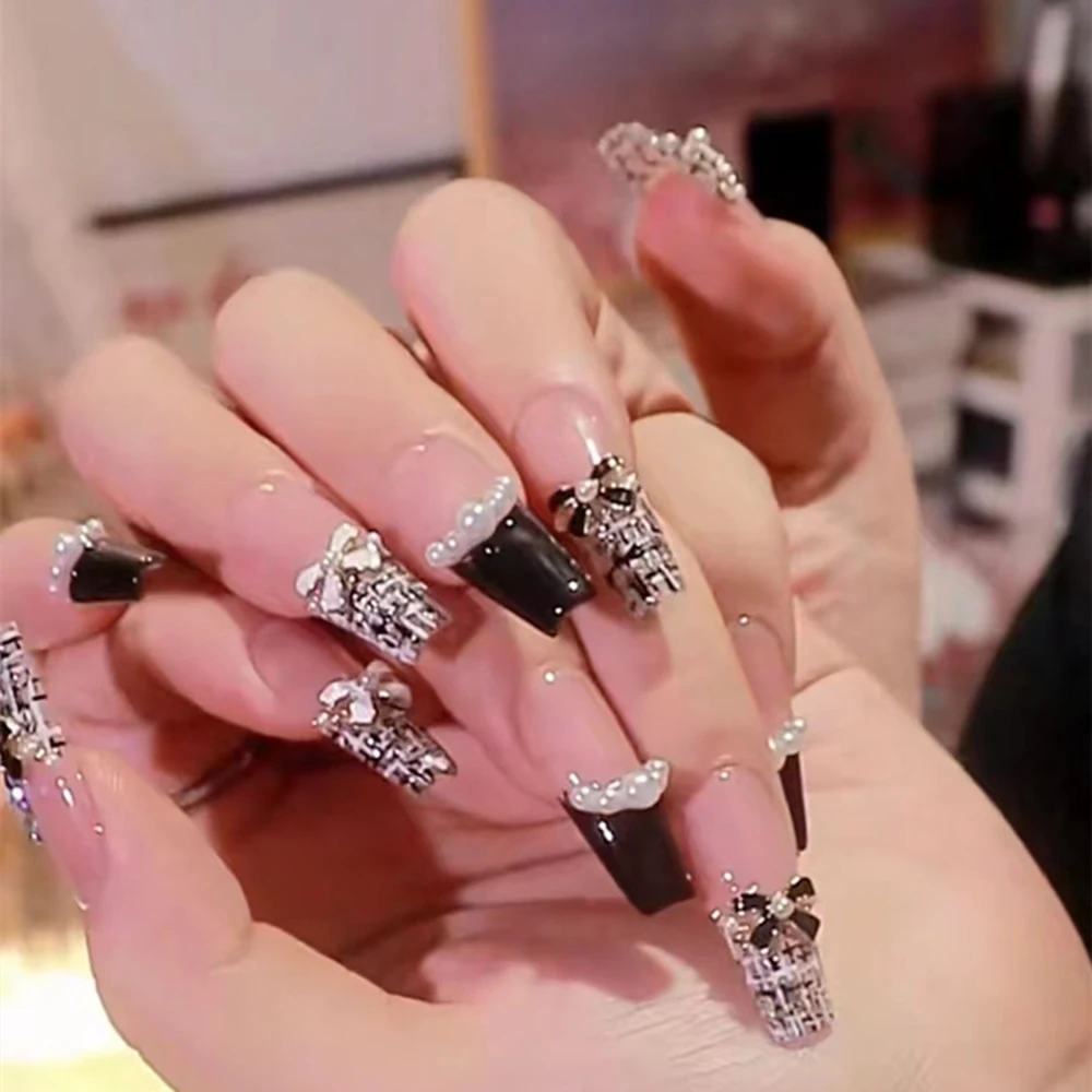 24pcs Black French Press on Nails White Bow Pearl Design Fake Nail Patches Wearable Korean Ballet Fake Nails for Lady Girls