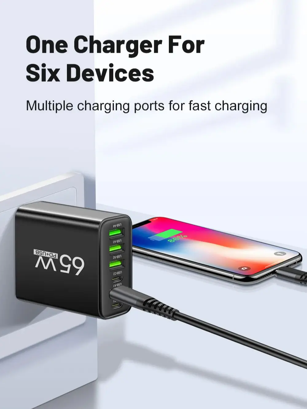 Total 65W USB C chargeur 6 Ports chargeur mural de charge rapide pour iPhone 15 14 Pro Max Samsung Galaxy S23 Xiaomi 14 téléphone portable Ch
