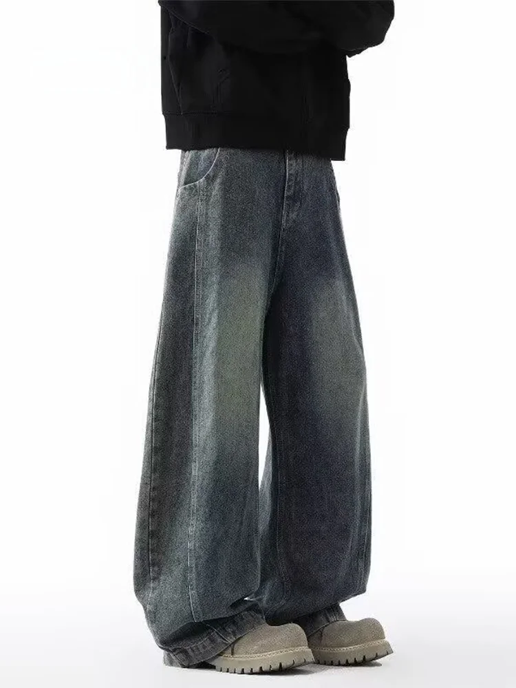 

MMOPTOP American Style Casual Washed Denim Jeans Men's Loose Wide Leg Long Pants High Street Weathered Cotton Polyester Blend