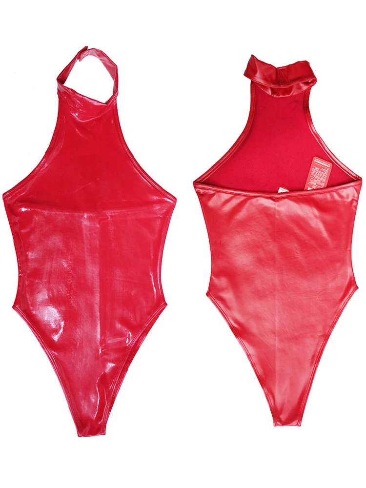 S-4XL Faux Latex Elastic PU Leather Bikini Bodysuit Halter Backless Swimsuit High Cut Sukumizu Tights Sexy Body Teddies Swimwear