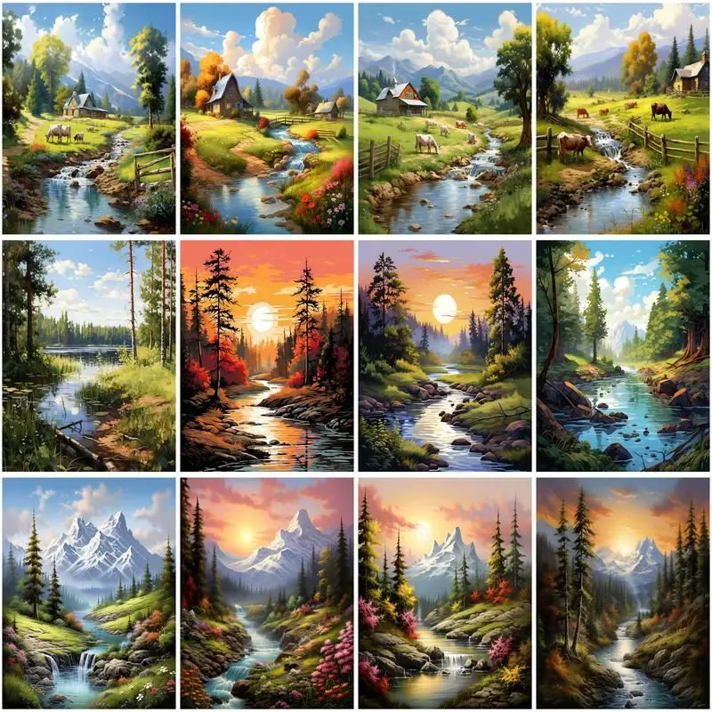 GATYZTORY Painting By Number Stream Scenery Scenery For Adults Picture By Numbers Tree Paint On Canvas DIY Frame Home Decoration