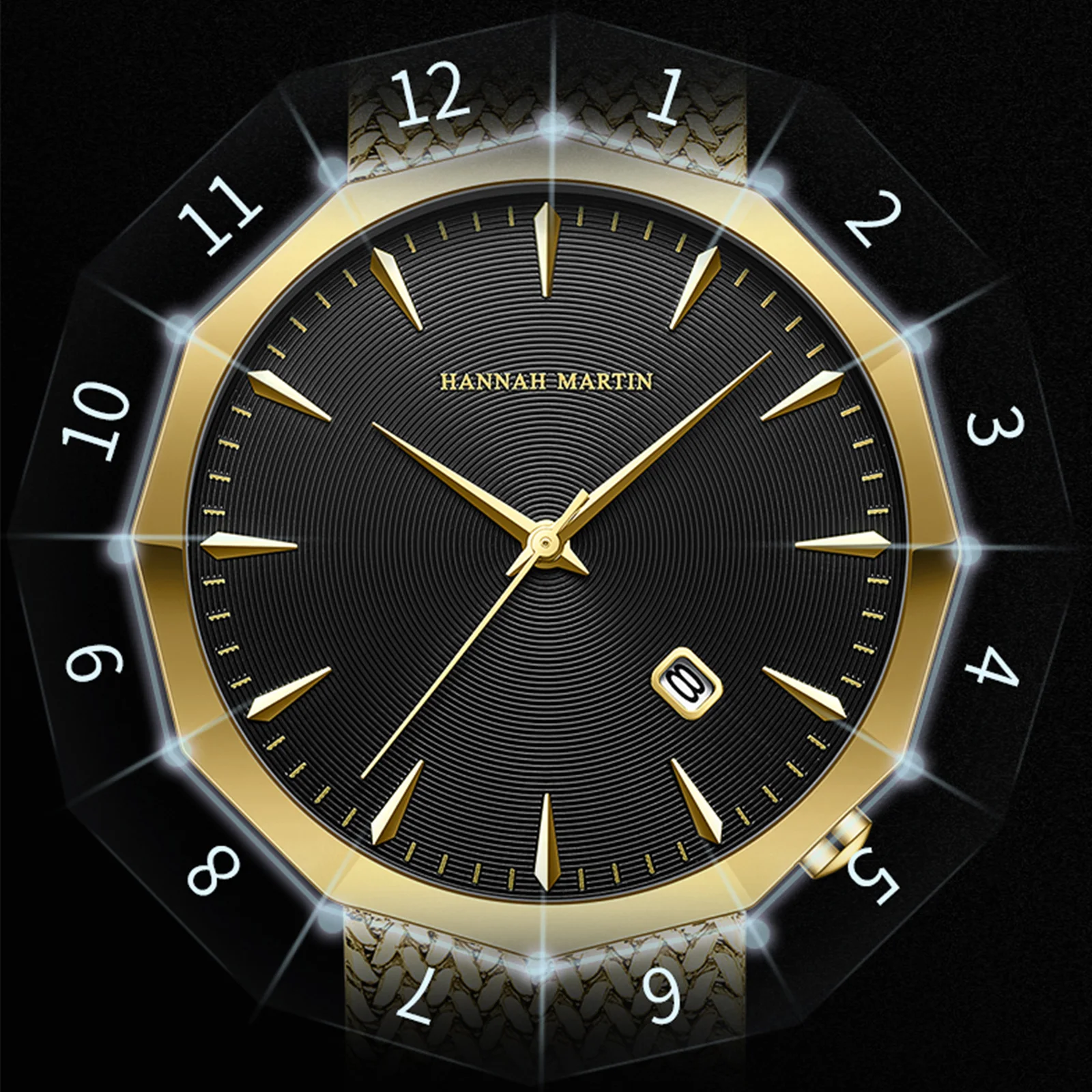 ساعة هانا مارتن للرجال شبكية بحزام من الفولاذ المقاوم للصدأ باللون الأسود وحركة كوارتز يابانية 3 بار مقاومة للماء للأعمال الرياضية للرجال